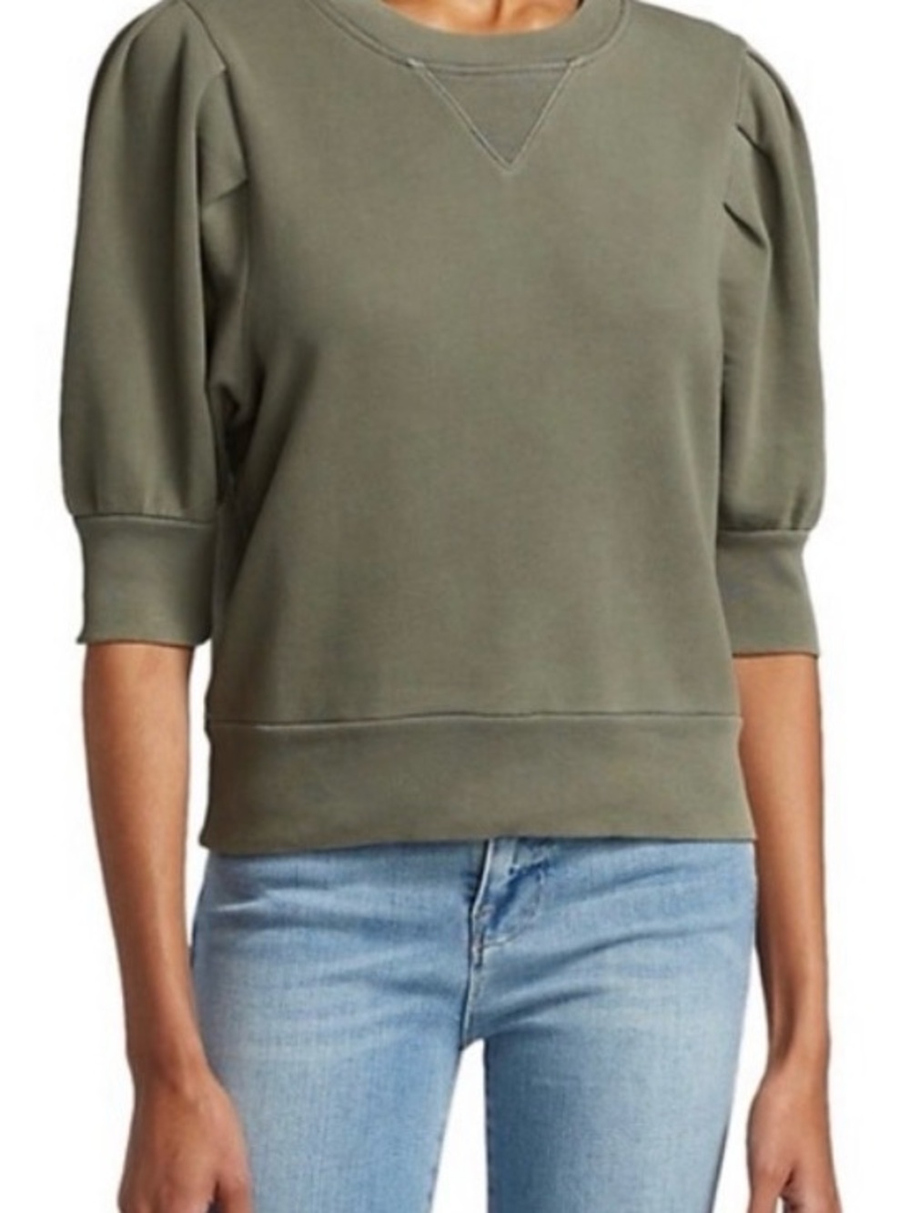 Frame Denim Shirred Sleeve Sweatshirt Washed Military Organic Pima Cotton Top S